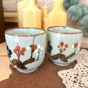 Vintage Japanese ceramic sake ochoko cups hand-painted plum blossom (ume) design